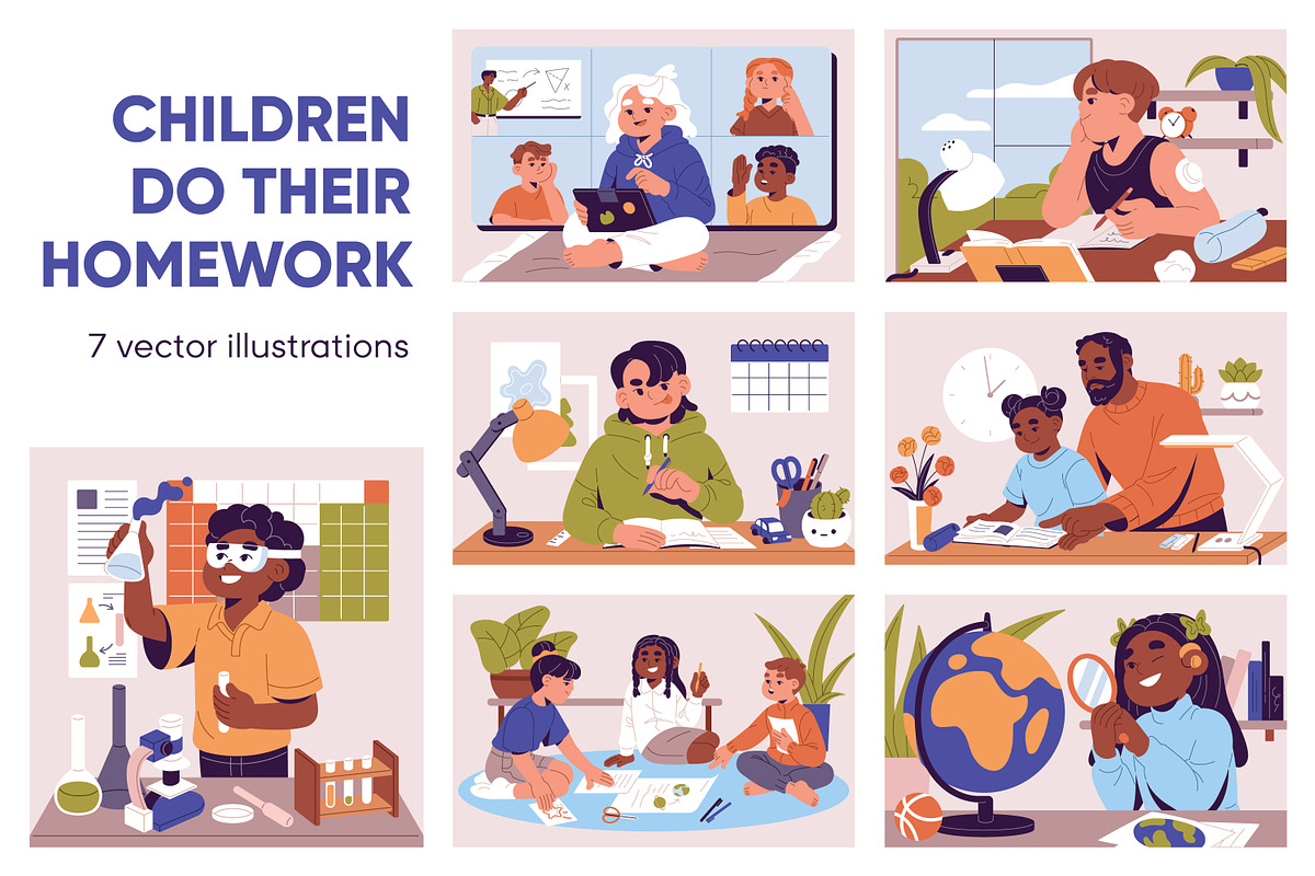 Kids studying, doing homework set, an Education Illustration by PaperTrident (Photo 1 of 8)