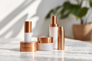 Elegant skincare collection on marble countertop, a Health & Medical Photo by AlyaAnd