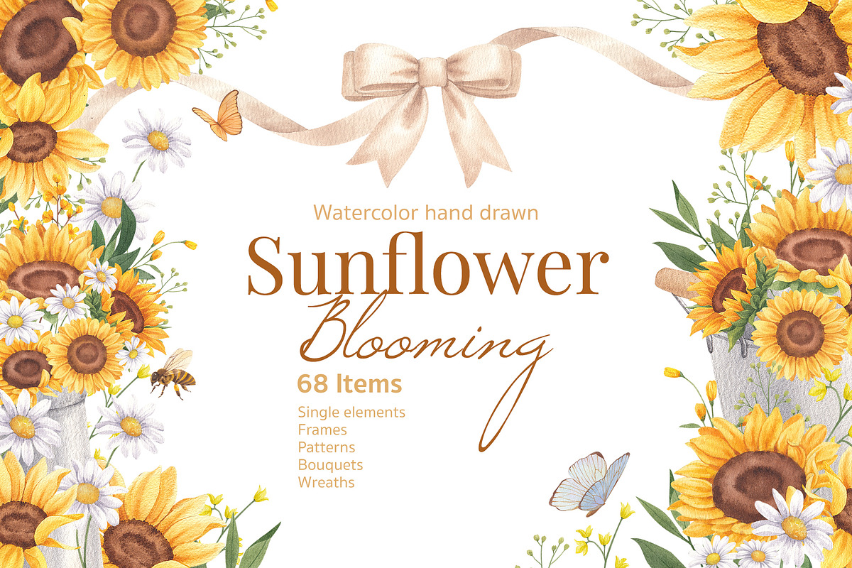 Sunflower Blooming Watercolor, an Object Illustration by CreativeValuation (Photo 1 of 15)