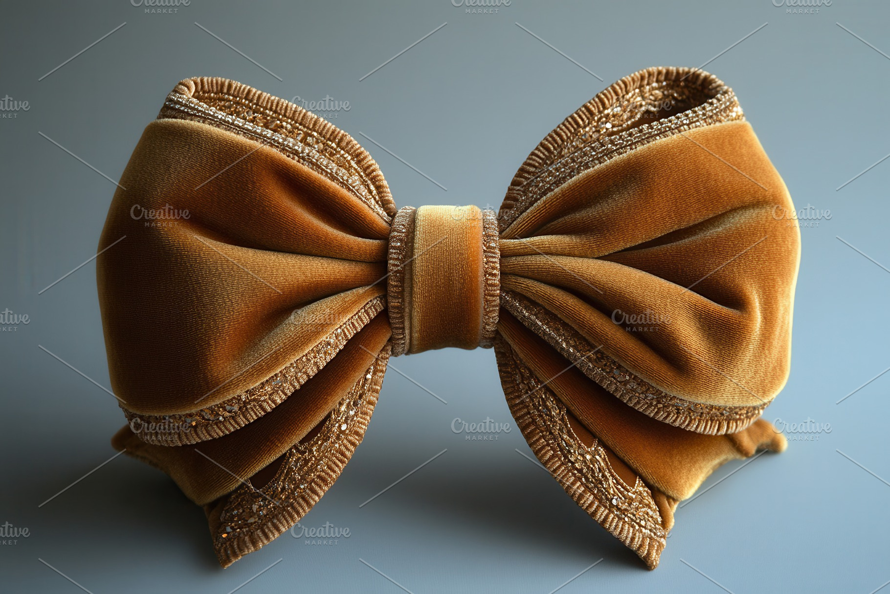 Elegant golden velvet bow with intri, a Photo by Tanuart