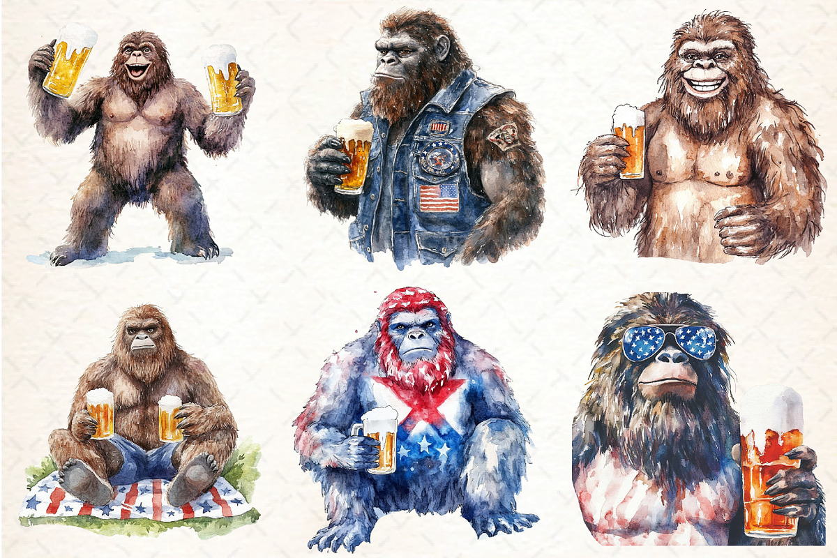 Bigfoot Holding Beer 4th of July PNG, an Illustration by DreamCafeArt (Photo 3 of 6)