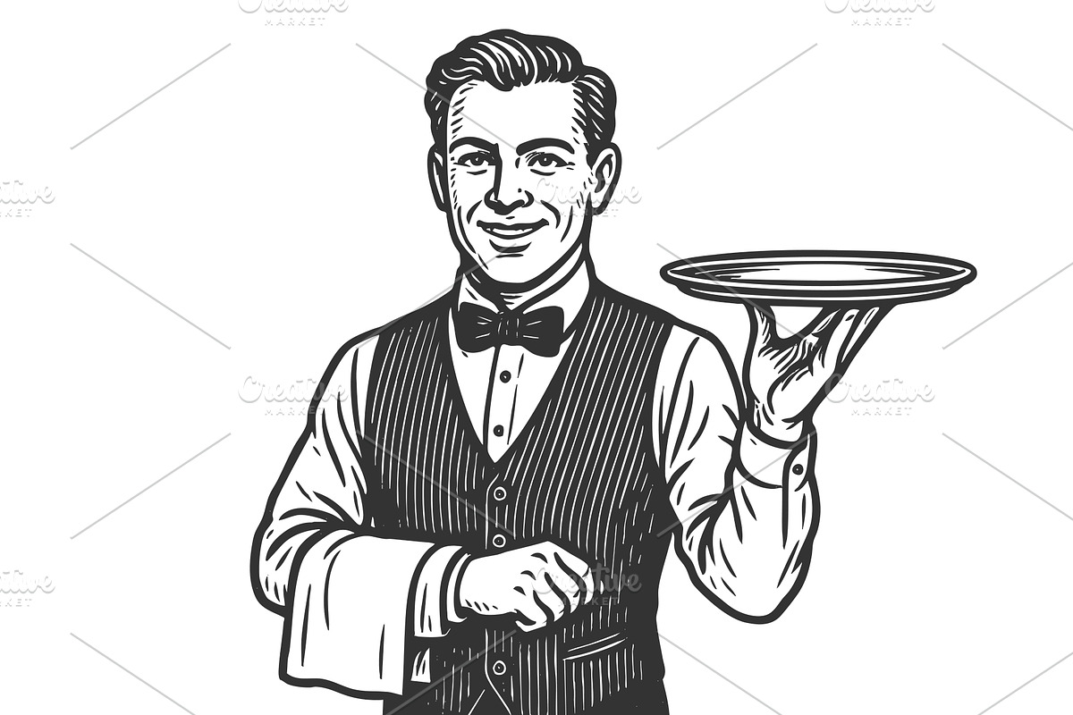 Waiter Holding Empty Tray engraving, a Person Illustration by AlexArt