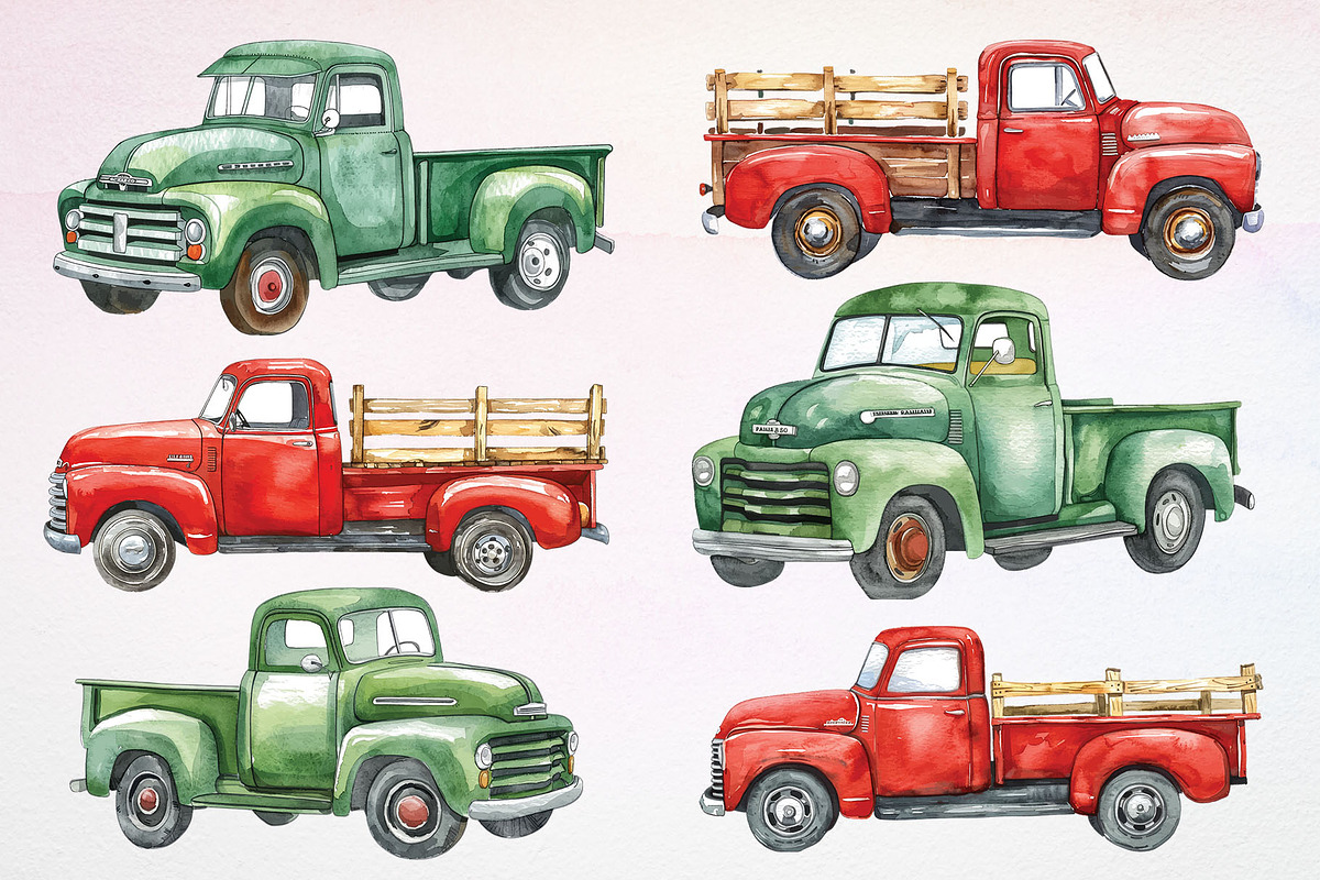 Watercolor Trucks & Retro Car Vector, a Transportation Illustration by Deckar_art (Photo 1 of 2)