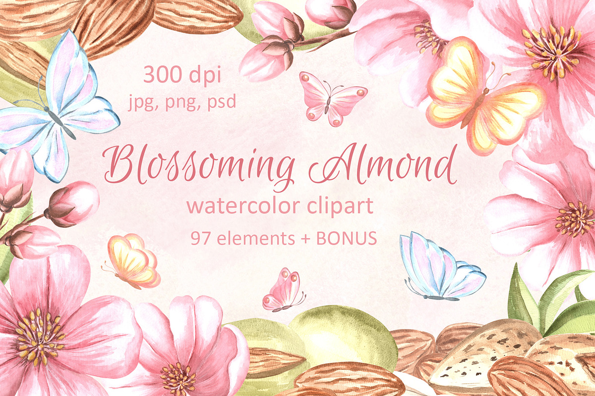 Blossoming Almond watercolor clipart, a Food Illustration by susie-p-art (Photo 1 of 18)