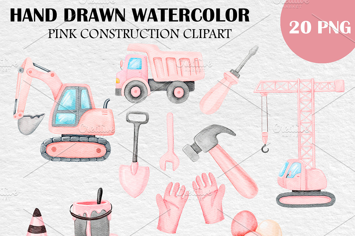 Watercolor Pink Construction PNG, an Object Illustration by PatternPalette (Photo 2 of 3)