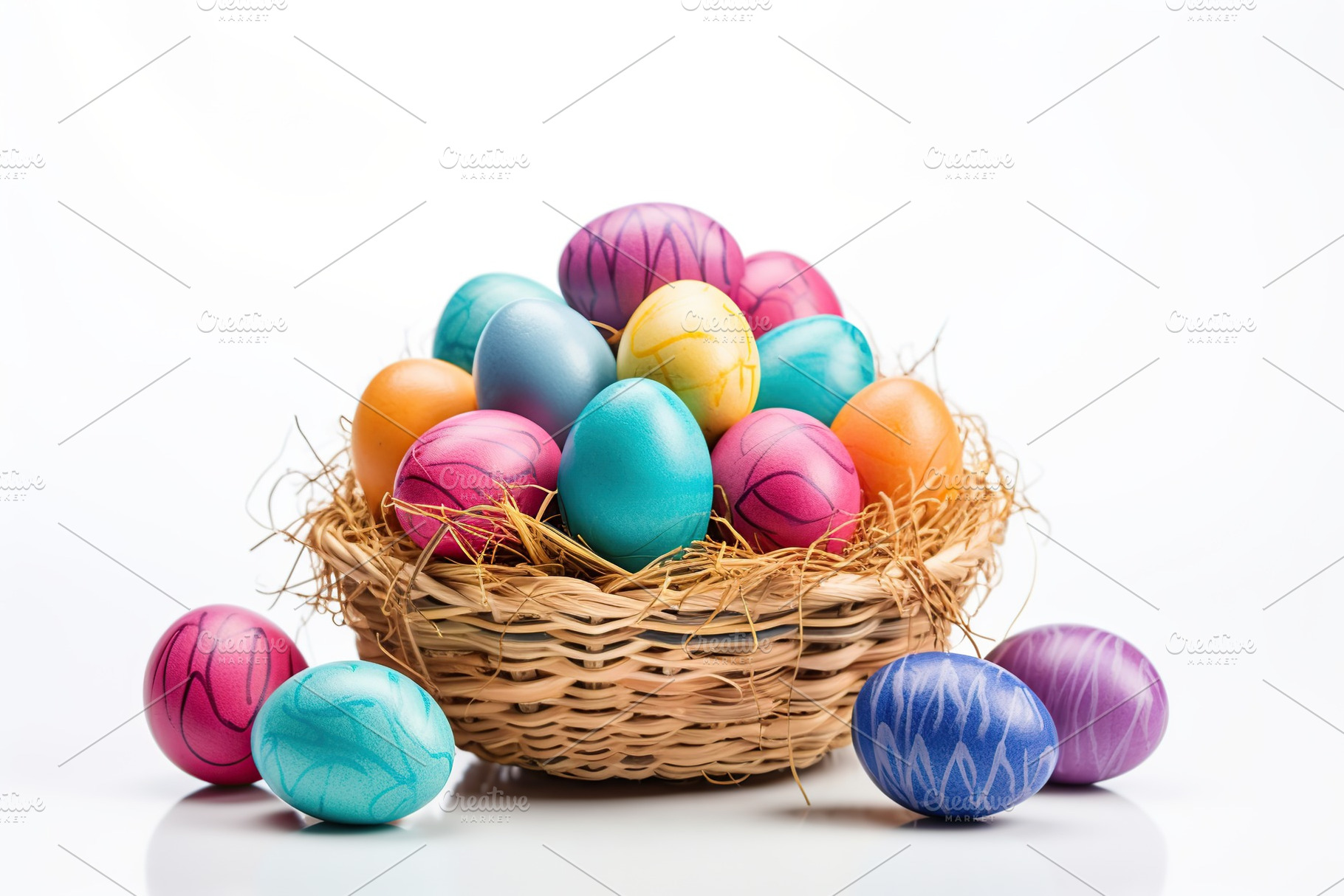 Basket with colorful easter eggs isolated on white background, a Holiday Photo by AlyaAnd
