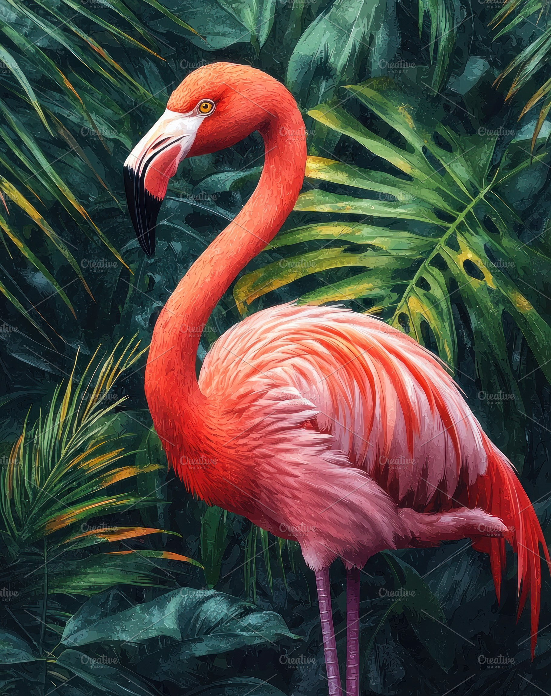 Vibrant pink flamingo standing among lush tropical jungle leaves, an Animal Photo by José Manuel Gelpi