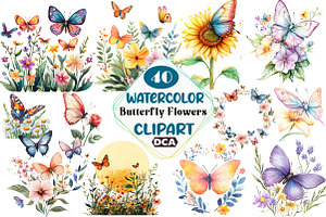 Butterfly Flowers Sublimation Clipar, an Illustration by DreamCafeArt