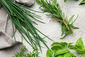 Freshly picked herbs of thyme, basil, mint, rosemary and chives, a Food & Drink Photo by Olena Rudo