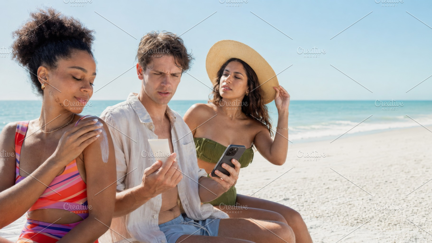 Young adults on beach applying sunsc, a Photo by Dvoevnore photos