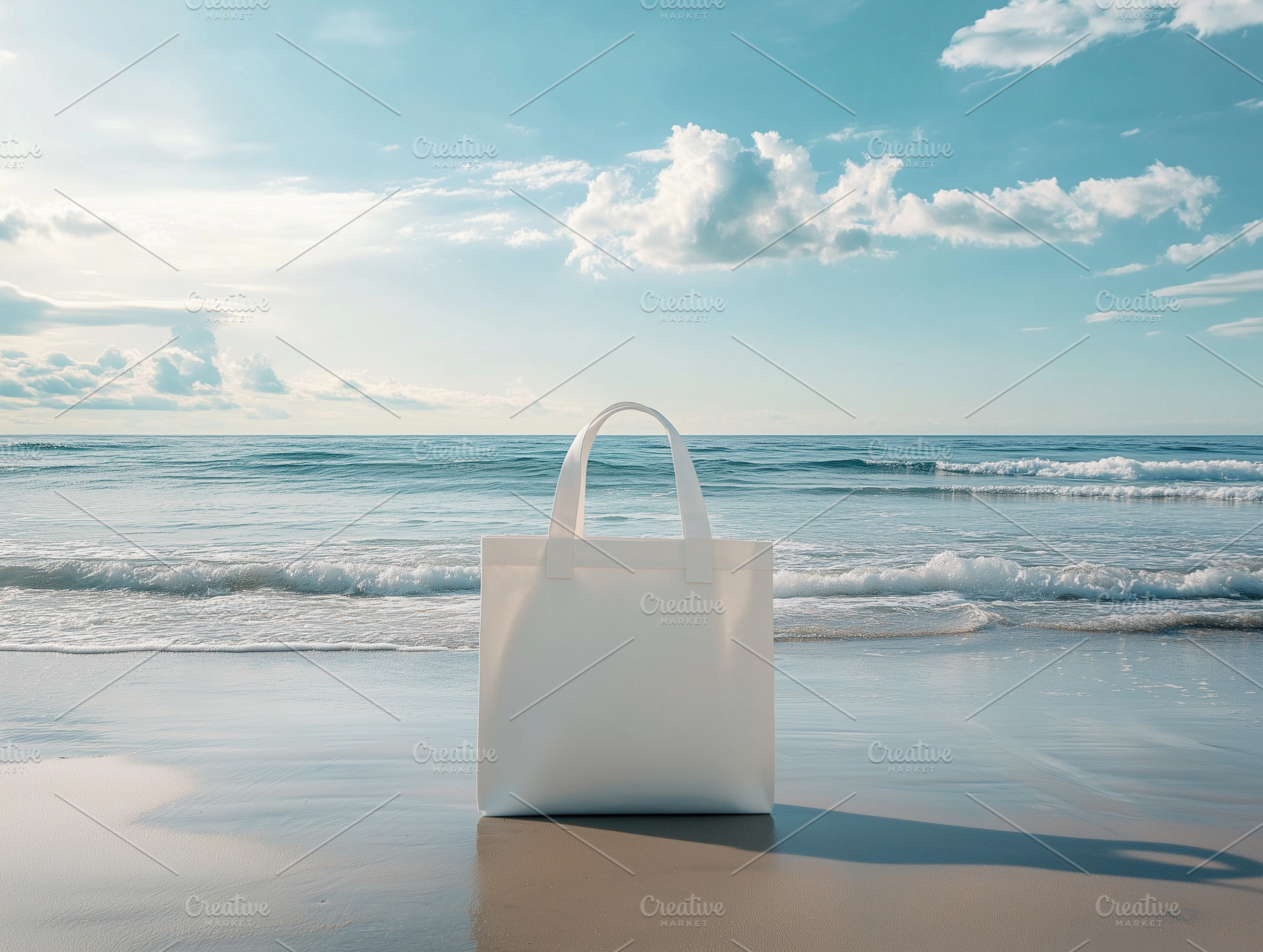Blank tote bag mockup on a seascape, a Background Photo by MistyDay