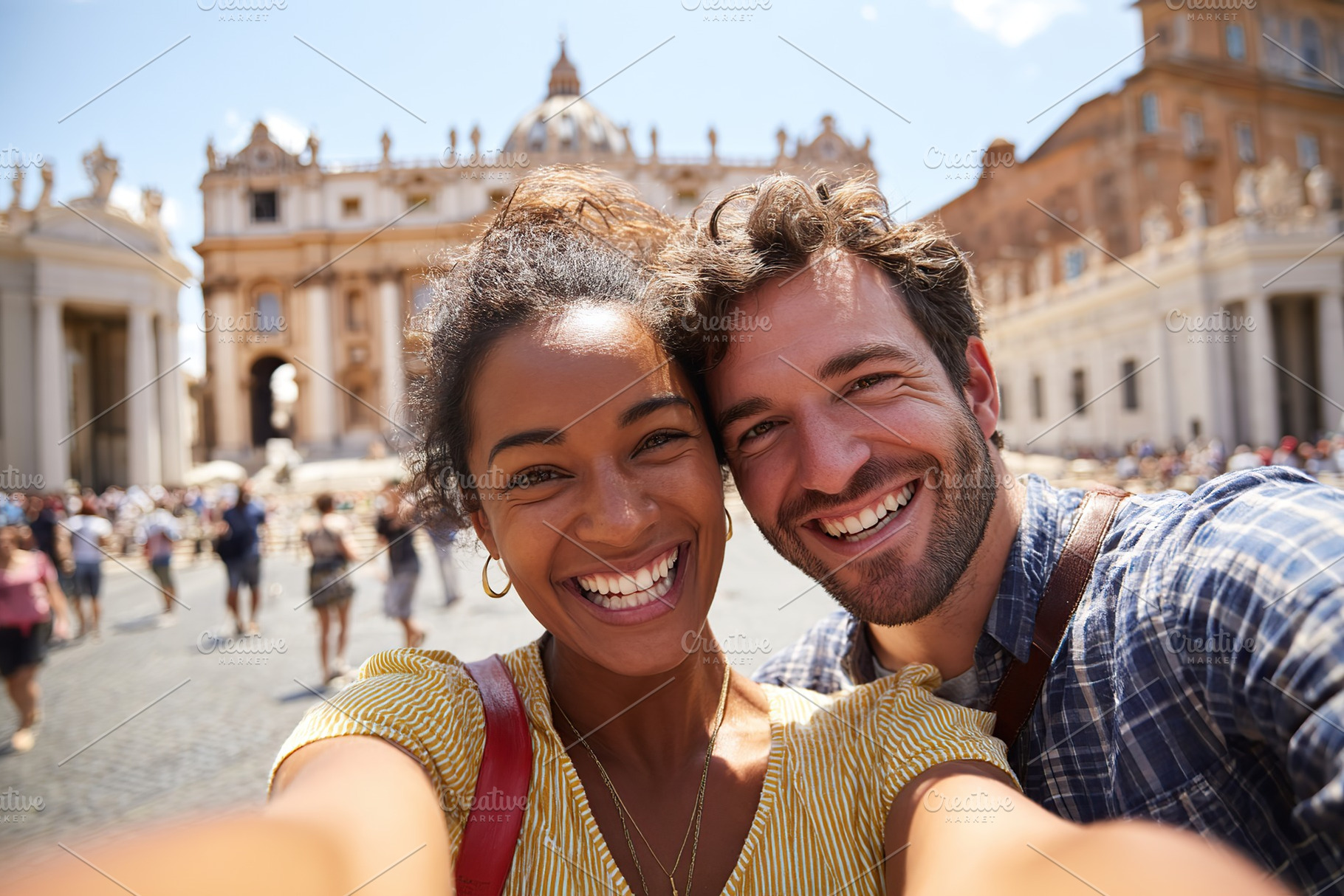 Happy couple enjoying sunny day in front of St. Peter's Basilica in Vatican Cit, a Photo by AlyaAnd