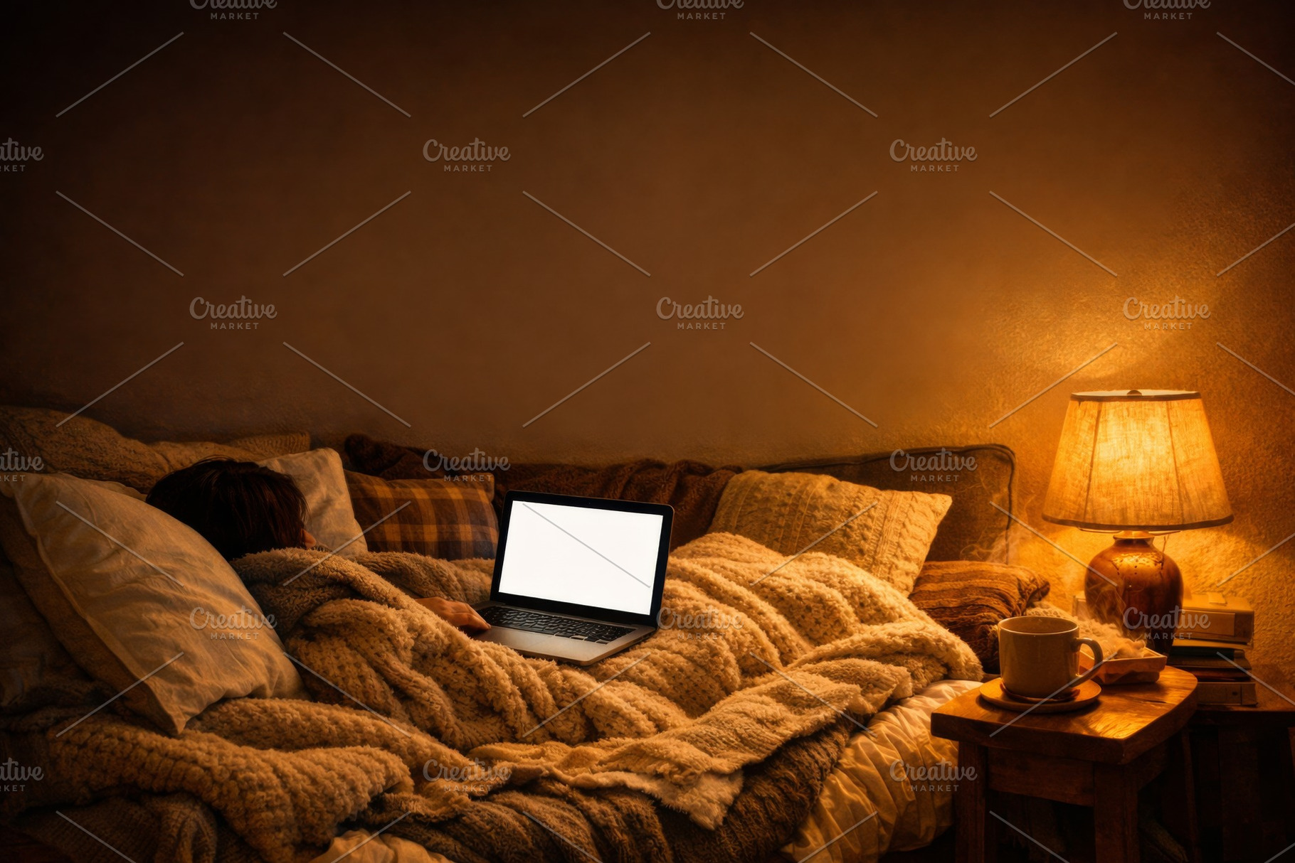 Cozy home bed scene depicting relaxa, a Photo by Dvoevnore photos