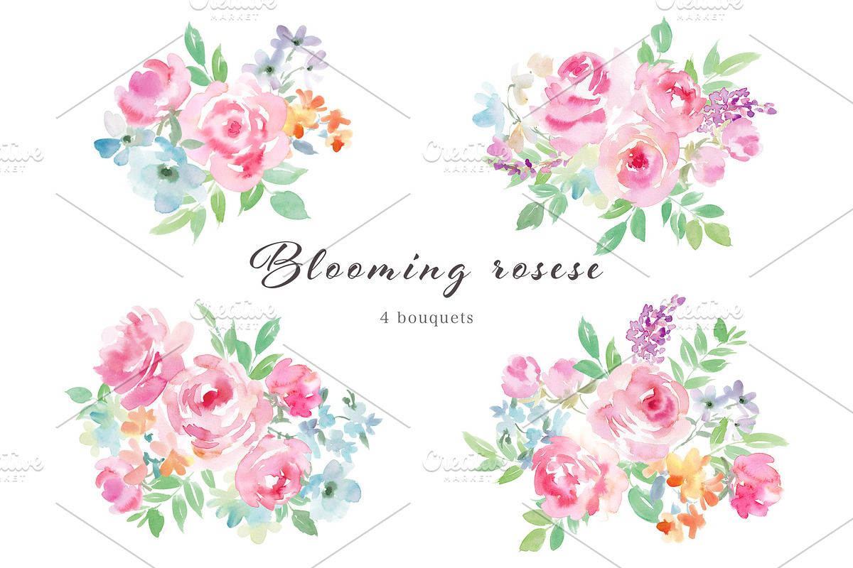 Blooming roses watercolor clipart, a Decorative Illustration by Sawango Designs (Photo 3 of 4)