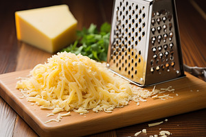Grated cheese on wooden background, a Food & Drink Photo by AlyaAnd
