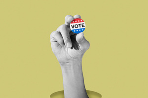 black and white man holding a colorful vote badge, a Photo by Nito
