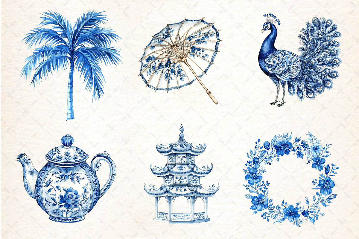 Blue Chinoiserie Summer Clipart, an Illustration by Dream Creation (Photo 3 of 6)