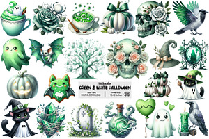 Green & White Halloween Clipart, an Illustration by Pixels.Craft