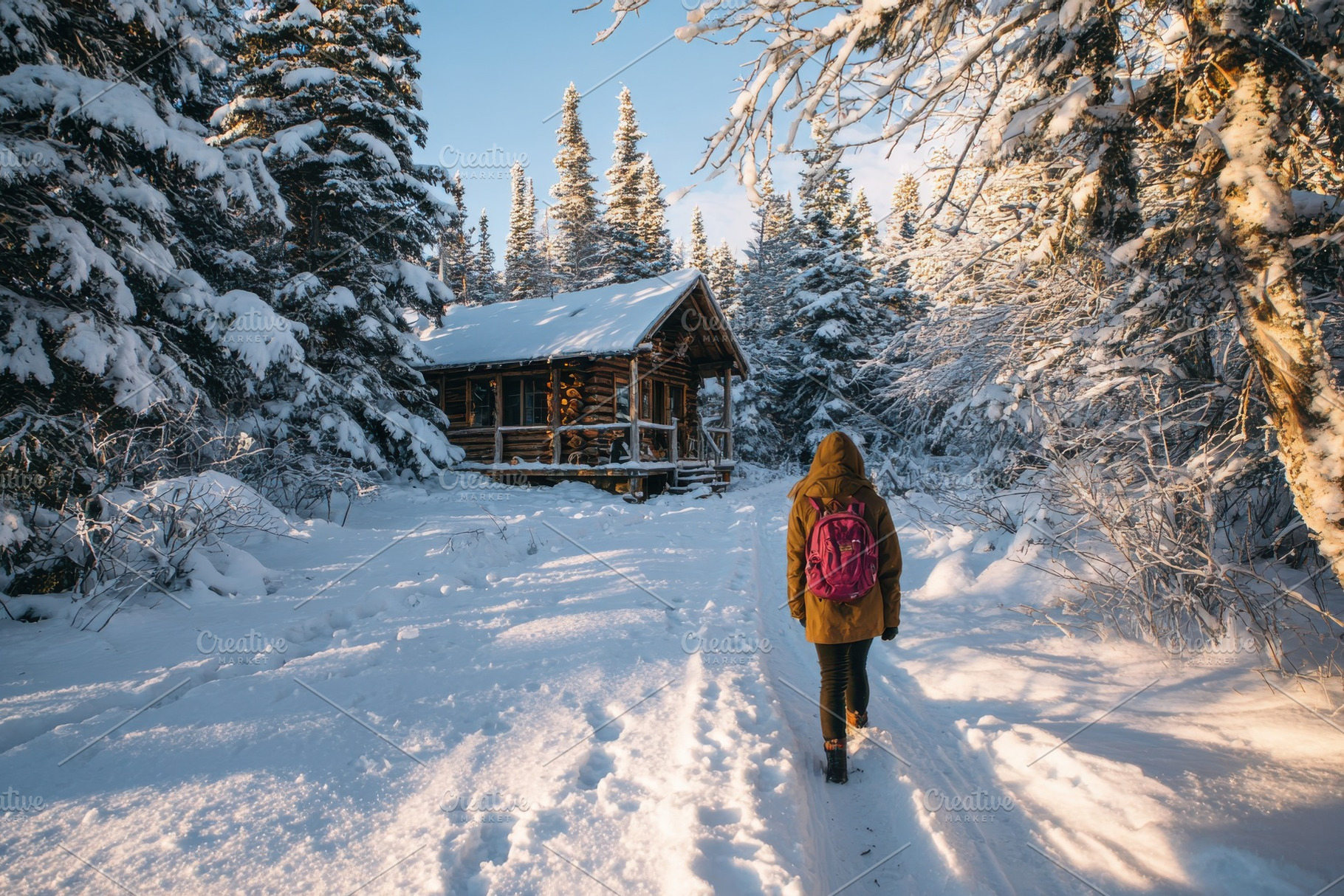 Woman walking towards snowy log cabi, a Photo by Pixeness Studio