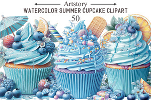 Watercolor Summer Cupcake Clipart, an Illustration by designcity5