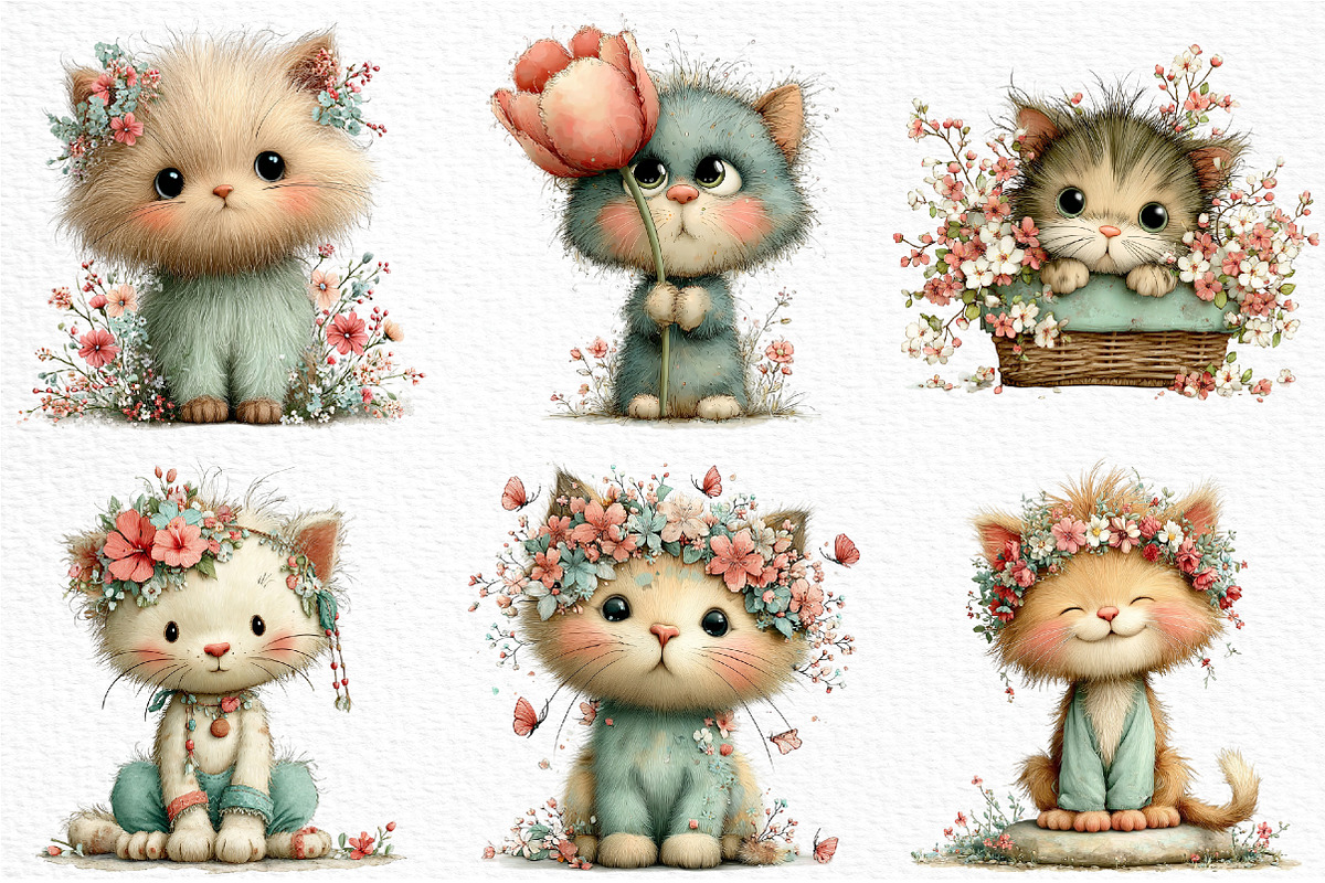 Whimsical Spring Cat Clipart PNG, an Illustration by Craft Nest (Photo 5 of 12)