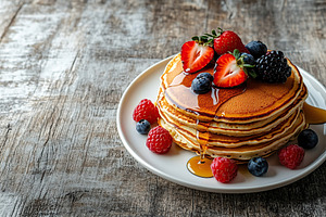 Delicious stack of pancakes topped with fresh berries and syrup on a rustic woo, a Food & Drink Photo by AlyaAnd