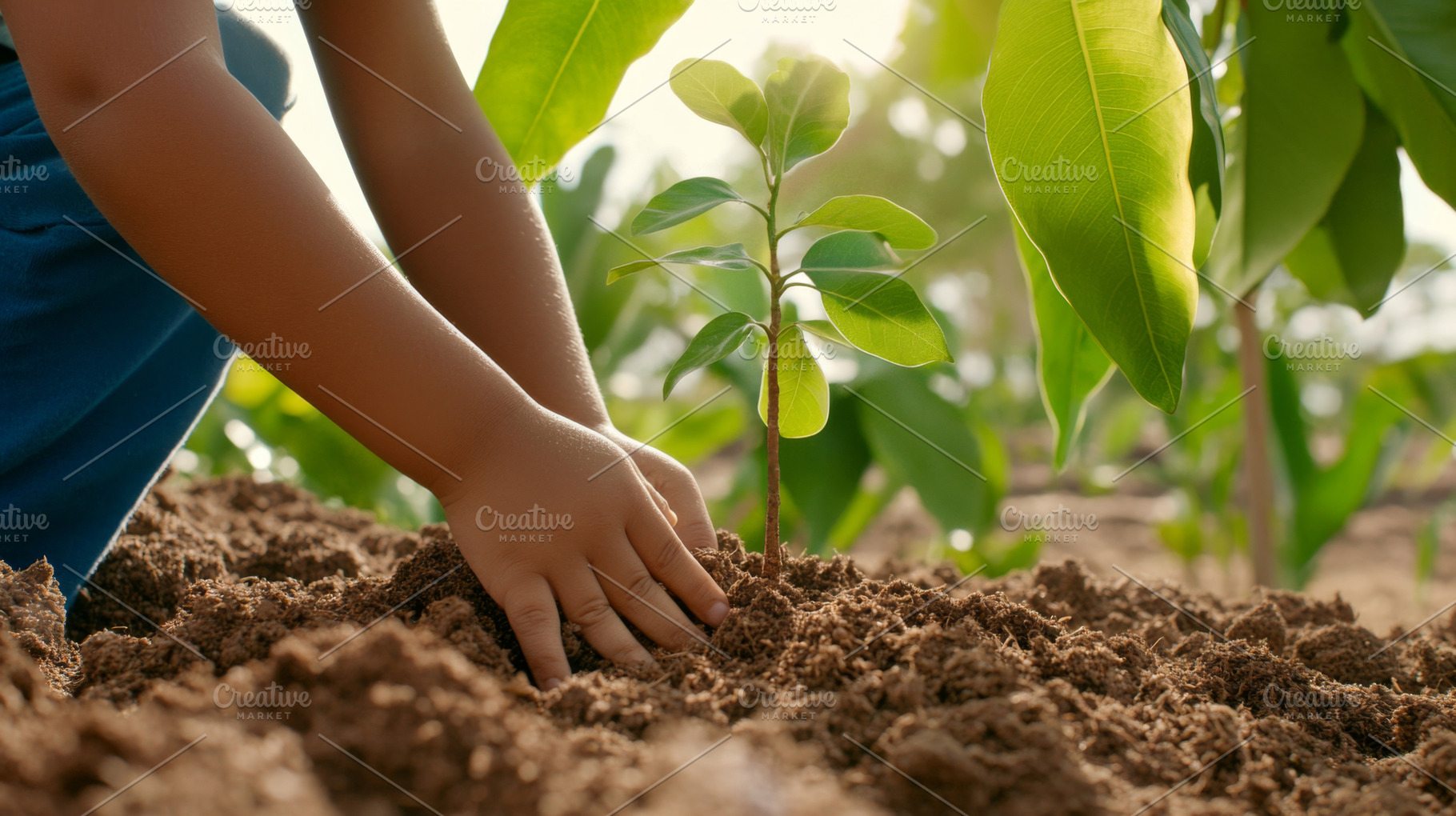 Child planting young sapling in rich, a Photo by Dvoevnore photos