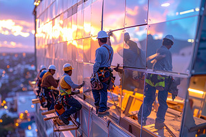 Construction workers working on a high building facade, an Industrial Photo by DanFLCreativo