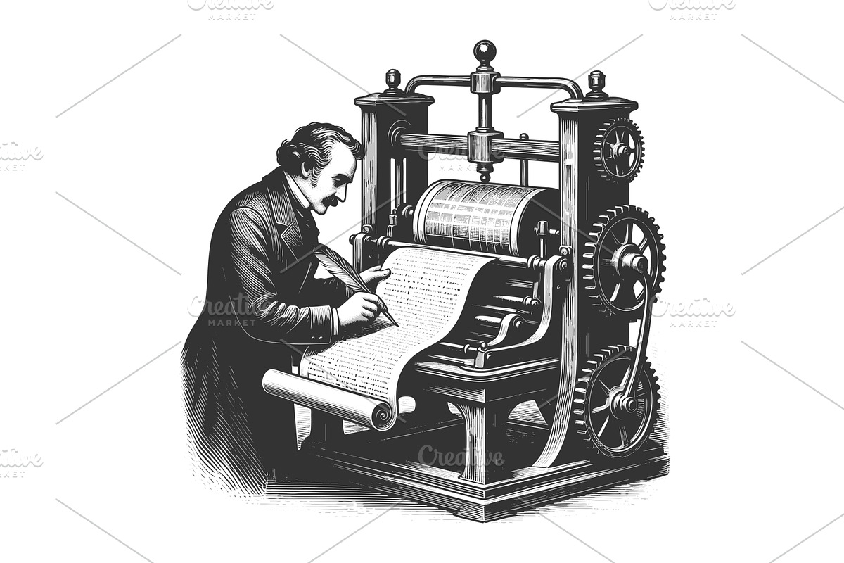 Vintage Printing Press with Man, an Illustration by AlexArt
