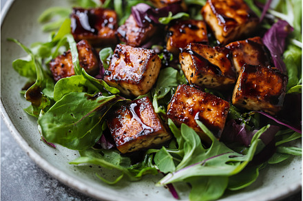 Pan fried balsamic tofu on fresh bed, a Food & Drink Photo by Lermont51