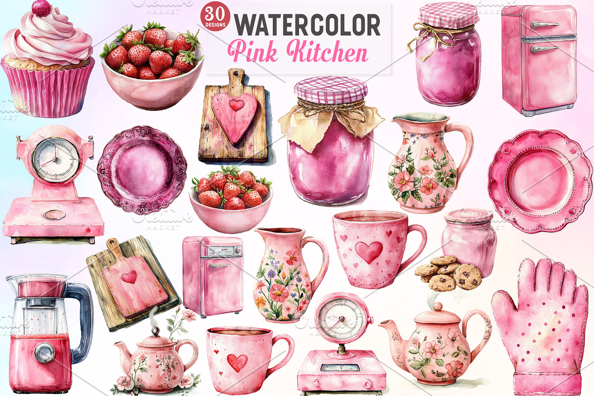 Pink Kitchen Clipart Coquette Kitche, an Illustration by Watercolor design (Photo 1 of 10)