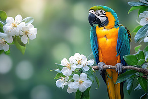 Macaw parrot sitting on a flowering tree branch, an Animal Photo by AlyaAnd