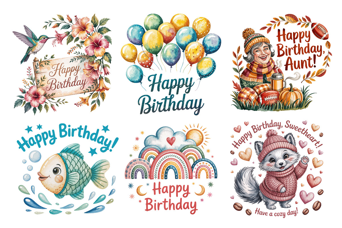 Happy Birthday Designs Bundle 25 PNG, a Decorative Illustration by Whimsy Brush Studio (Photo 5 of 9)