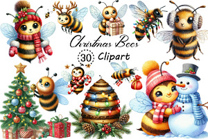 Cute Cartoon Christmas Bees Clipart, an Illustration by Creative Art