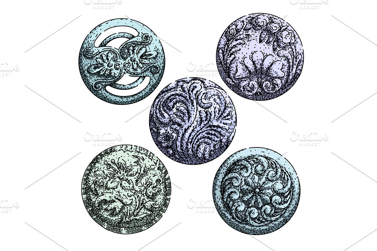 ornate metal button set sketch hand, an Illustration by pikepicture