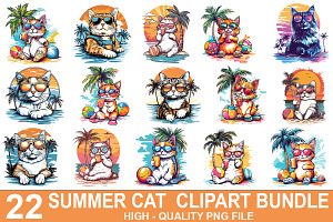Cute Cat on the Beach Clipart Bundle, an Illustration by crative8112