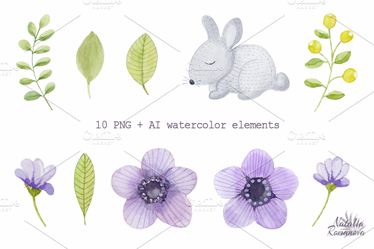 Watercolor hares and flowers, an Illustration by BrushArtDesigns (Photo 2 of 5)