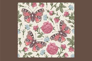 Seamless Flowers Roses Butterflies