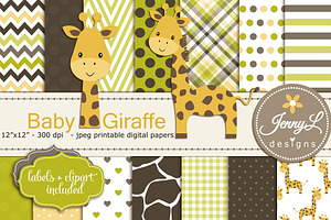 Baby Giraffe Digital Paper & Clipart, a Pattern Graphic by JennyL Designs