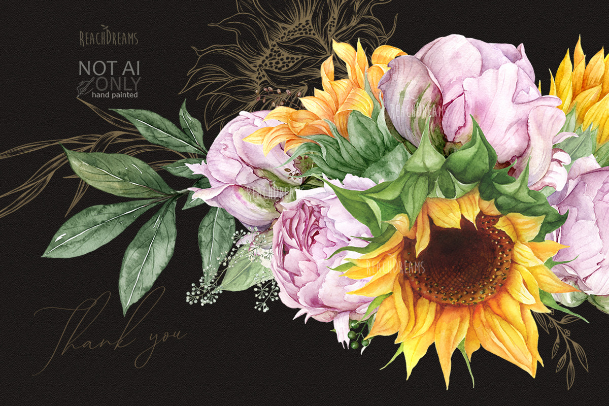 Watercolor Sunflowers and Peonies, a Decorative Illustration by ReachDreams (Photo 10 of 10)
