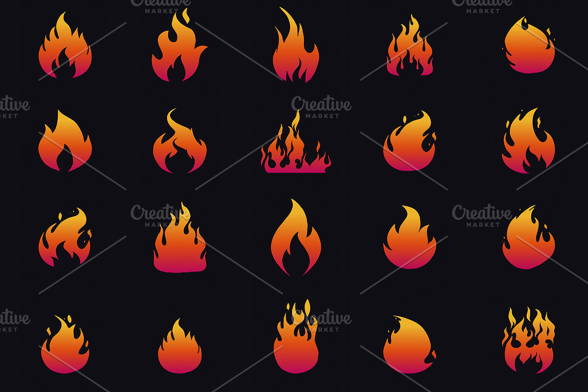 SET Fire Flame Icons on Black, an Object Graphic by ProArt