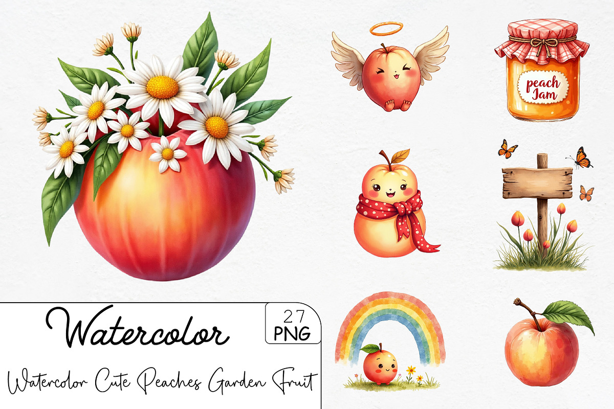 Watercolor Cute Peaches Garden Fruit, an Illustration by CrexoraLab (Photo 1 of 5)