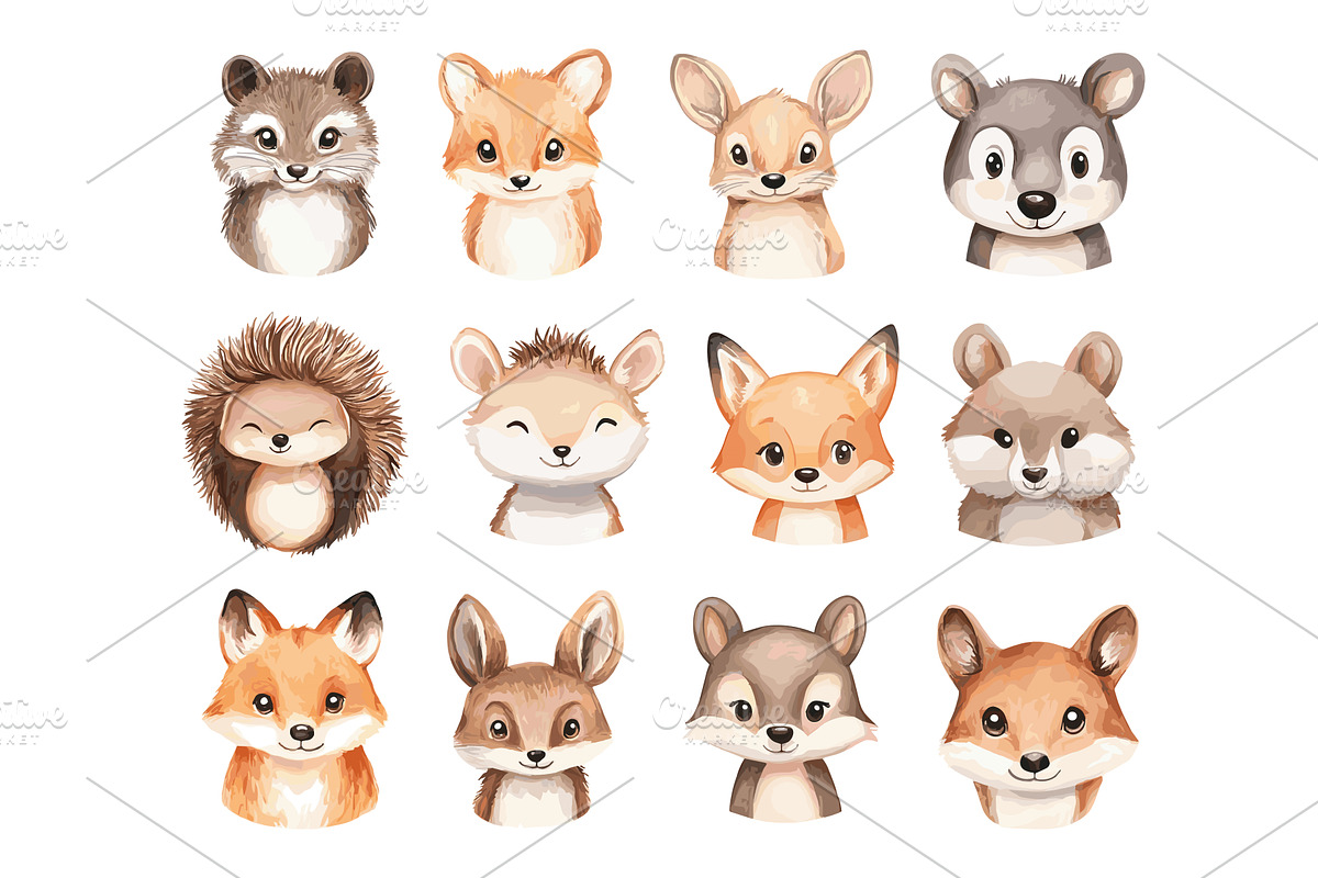 Faces Of Cute Little Forest Animals, an Animal Illustration by LadadikArt
