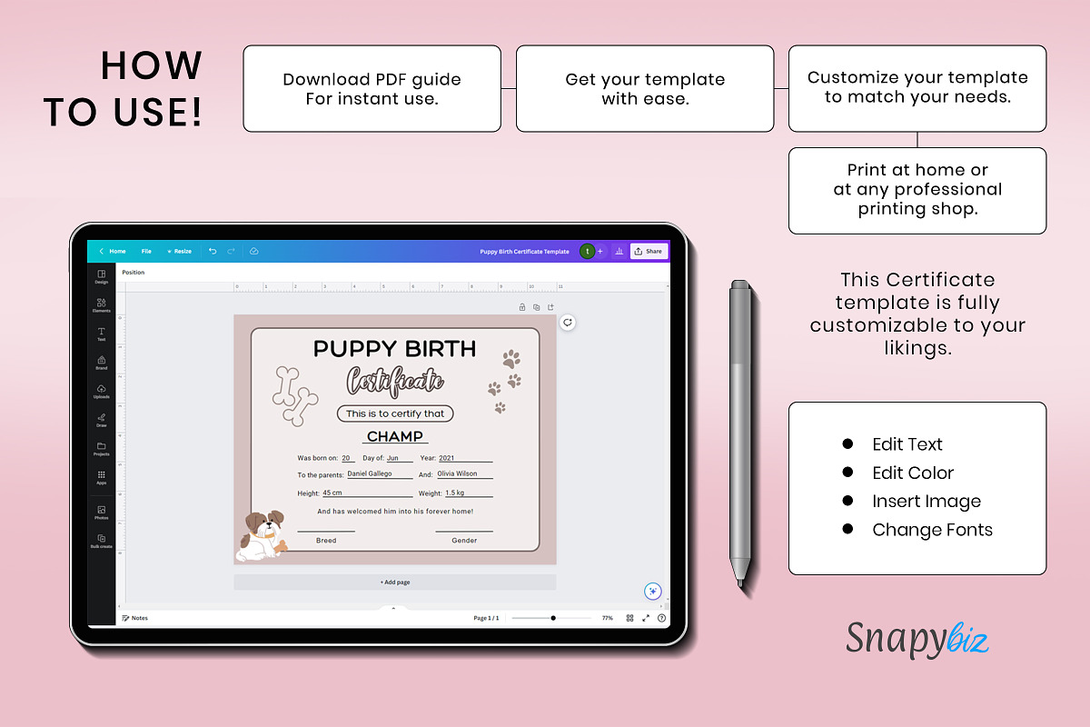 Editable Puppy Birth Certificate, a Print Template by Snapybiz (Photo 11 of 11)