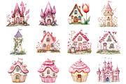 Watercolor Pink Fairy Houses Clipart, a Seasonal Illustration by CitraGraphics (Thumbnail 2 of 5)