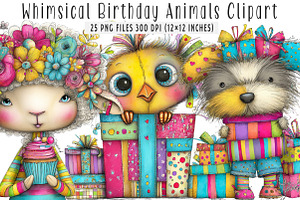 Whimsical Birthday Animals Clipart, an Illustration by SinaCreation