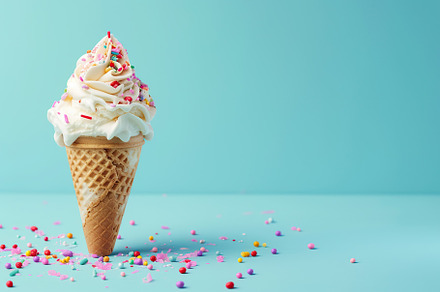 Ice cream with sprinkles in waffle cone on blue background, a Food & Drink Photo by AlyaAnd