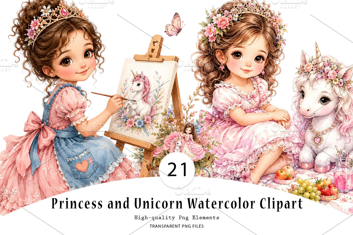 Princess and Unicorn Watercolor, a Seasonal Illustration by CreationArt (Photo 1 of 8)
