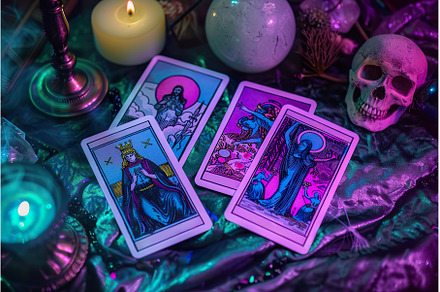 Tarot cards with candles and, an Arts & Entertainment Photo by Lermont51