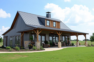 A modern Barndominium house style barn-style house with a metal roof, wooden ac, an Architecture Photo by Textures & Backgrounds